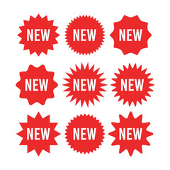 Wall Mural - Red starburst sticker with new sign set - circle sun and star burst badges and labels with text about new product.