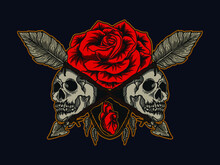 Artwork Illustration And T-shirt Design Skull  Rose Arrow And Heart Premium Vector
