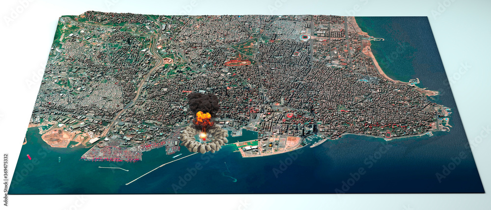 Satellite view of the city of Beirut in Lebanon. Streets and buildings. Place of the explosion in the port area. Element of this image are furnished by NASA. 3d render
 - obrazy, fototapety, plakaty 