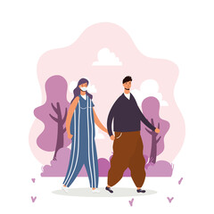 Poster - young couple wearing medical masks walking characters