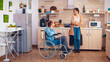 © DC Studio - Woman smiling at disabled husband in wheelchair while talking with him. Guy with paralysis handicap disability handicapped difficulties getting help for mobility from love and relationship