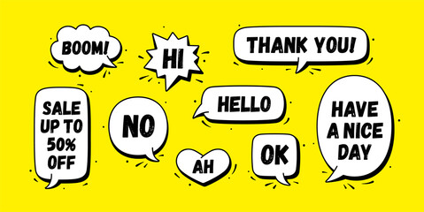 Fototapete - Speech bubble. Set of chat message, cloud talk, speech bubble. White speech bubble, cloud talk isolated silhouette with text. Elements for chat message, social network, web. Vector Illustration