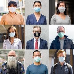 Wall Mural - Group of mixed people with mask for protection from corona virus outbreak in different locations as Covid-19 concept