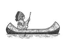American In Canoe Boat Sketch Engraving Vector Illustration. T-shirt Apparel Print Design. Scratch Board Imitation. Black And White Hand Drawn Image.