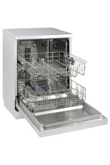 Poster - Vertical shot of white dishwasher with opened door