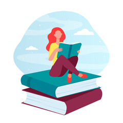 Wall Mural - Woman reading on stack of books. Student girl doing homework flat vector illustration. Education, literature, library, knowledge concept for banner, website design or landing web page