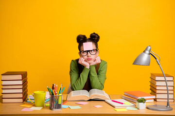 Wall Mural - Portrait of her she attractive bored indifferent girl nerd geek learning grammar sticker note on forehead homework project isolated bright vivid shine vibrant yellow color background