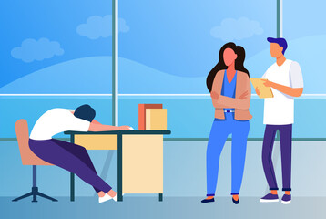 Two office workers looking at sleepy colleagues. Exhausted employee sleeping at workplace flat vector illustration. Lazy worker, burnout concept for banner, website design or landing web page