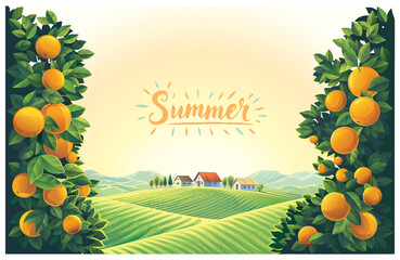 Wall Mural - Rural landscape with villages and orchard with oranges branches in the foreground.