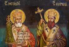 Bratislava, Slovakia, 2020/6/25. Byzantine Icon Of Saints Cyril And Methodius, The Two Brothers Who Were Byzantine Missionaries, The "Apostles To The Slavs". The Icon Is Found In A Private Chapel.
