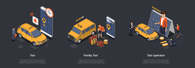 Concept Of Taxi Operator. People Man And Woman Book Taxi Using Mobile Application On Gadgets. Five Star Operator Provides The Comfort Of Passengers During Transport. Isometric 3D Vector Illustration