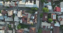  Aerial Top Down View  Streets In Armenia, City Of Gyumri. Drone Fly Over Soviet, Old, Antique Houses On Town.