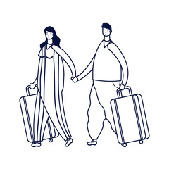 Wall Mural - young couple travelers with suitcases avatars characters