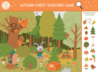 Wall Mural - Vector autumn searching game with cute woodland animals. Find hidden objects in the forest. Simple fun educational fall season printable activity for kids with mushrooms, berries, plants.