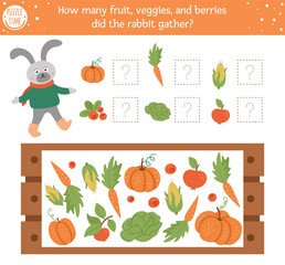 Wall Mural - Counting game with vegetables, wooden case and rabbit. Autumn spying activity for preschool children. Fall season math worksheet. Educational printable with cute funny harvest elements for kids.