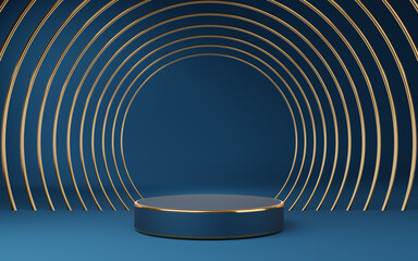 Wall Mural - Empty blue cylinder podium with gold border and gold circle on blue background. Abstract minimal studio 3d geometric shape object. Mockup space for display of product design. 3d rendering.