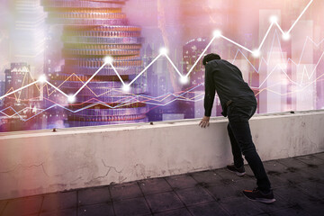 Wall Mural - Financial investment concept, Double exposure of city night and stack of coins for finance investor, Business people disappointed with the stock market.