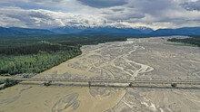 Aerial View Over Big Delta River Junction And The Highway 2 Bridge Alaska