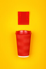 Wall Mural - Red paper coffee cup over yellow