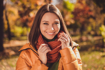 Canvas Print - Closeup portrait photo of lovely charming lady beaming smiling wind start blowing put on more comfortable warm clothes wear scarf green turtleneck orange windbreaker outdoors