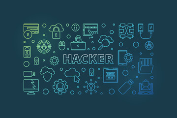 Poster - Hacker vector colorful concept thin line horizontal banner or illustration on dark background