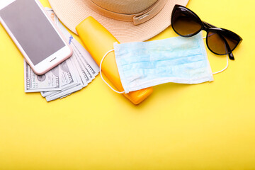 Beach accessories, smartphone and medical mask