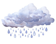 Watercolor Image Of Cumulus Fluffy Clouds Of Grey Blue Color With Falling Rain Drops. Hand Drawn Illustration Of Seasonal Cloudscape Isolated On White Background. Decorative Element For Scrapbooking