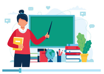 Online learning concept. Female teacher with books and chalkboard, video lesson. illustration in flat style