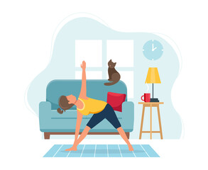 Wall Mural - Stay home concept. Woman doing yoga in cozy modern interior. illustration in flat style