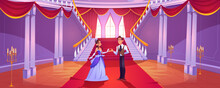 Prince And Princess In Royal Castle Hall. Vector Cartoon Background With Couple In Hallway In Baroque Palace With Staircase, Balustrade And Columns. Romantic Fairytale Illustration
