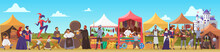 Medieval Fair Vector Illustration. Cartoon Flat Middle Ages Or Fairy Tale Fair Market With Lady And Sir Characters Standing In Costumes Of Feudal Lords, Jester Dancing, Priest Drinking Beer Background