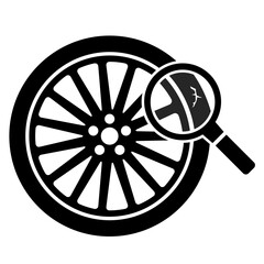 gz872 GrafikZeichnung - car tire wheel rim check icon. - simple car service symbol - damage in the form of a cut on the tyre surface - automotive sign / torn. - square g9849