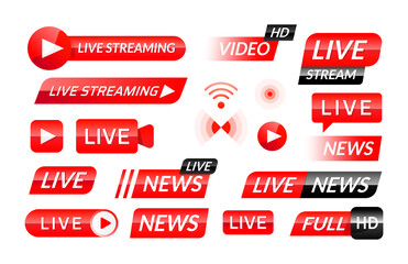 Poster - Broadcast icons. Web and mobile video translation buttons and banners for live news and stream broadcasting. Vector red online player UI elements set