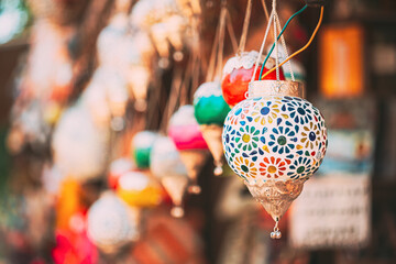 Wall Mural - India. Market With Many Traditional Colorful Handmade Indian Lamps And Lanterns. Lanterns Hanging In Shop For Sale. Popular Souvenirs From India