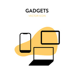 Wall Mural - Gadgeds icon. Vector illustration of a smartphone, tablet and laptop on yellow background. Represents concept of different screen resolution, adaptive design, variety of gadgets and technology