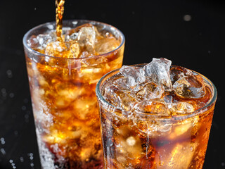 two cups of cola soft drink being poured into glass