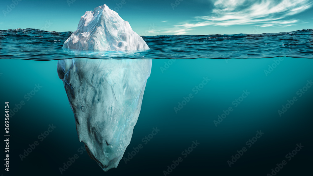 Iceberg with its visible and underwater or submerged parts floating in the ocean. 3D rendering illustration. - obrazy, fototapety, plakaty 