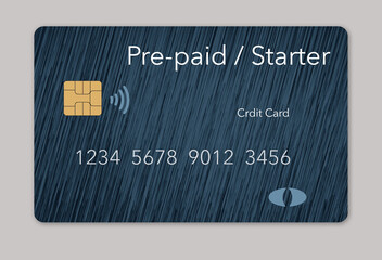 Here is a mock generic pre-paid starter credit card with light blue slashing lines over a dark blue background  isolated on a grey background.