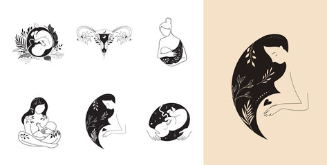 motherhood, maternity, babies and pregnant women logos, collection of fine, hand drawn style vector 