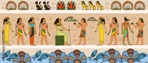 Fotografía Ancient Egyptian scene with queen and servants or courtiers with border of symbo