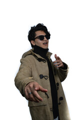 Wall Mural - Vertical shot of an Asian male wearing sunglasses and a brown jacket