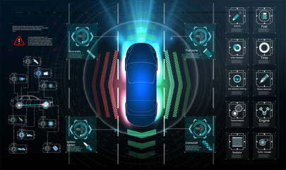 Poster - Big Set Icon. Driverless car. Self driving vehicle. Future concepts smart auto. HUD, GUI, hologram Automatic braking system avoid car crash from car accident. Concept for driver assistance systems. 