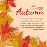 Fototapeta  -  Happy autumn vector illustration with bright leaves. Autumn natural leaves Background. Design for greeting card, Sale or promotion poster, flyer, web banner.