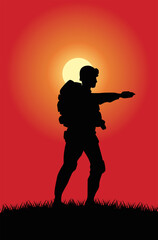 Wall Mural - soldier figure silhouette in sunset scene