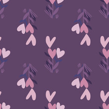 Flower Hearts Doodle Hand Drawn Seamless Pattern. Purple Background. Pink And Lilac Floral Ornament.
