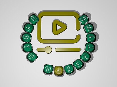 3D illustration of video marketing graphics and text around the icon made by metallic dice letters for the related meanings of the concept and presentations. background and camera