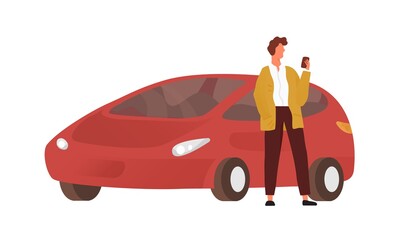 Poster - Modern guy use smartphone standing near red car vector flat illustration. Male character chatting on mobile posing with automobile isolated on white. Man using phone application outdoor