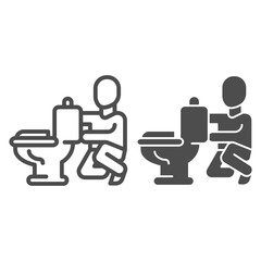 Poster - Plumber fixing toilet line and solid icon, house repair concept, Plumbing service sign on white background, repairman and toilet icon in outline style for mobile concept, web design. Vector graphics.