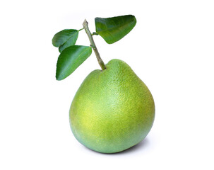 Closeup fresh green Pummelo fruit with green leaves isolated on white background.