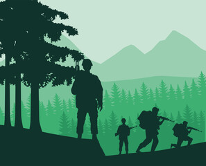 Wall Mural - soldiers figures silhouettes in the jungle scene